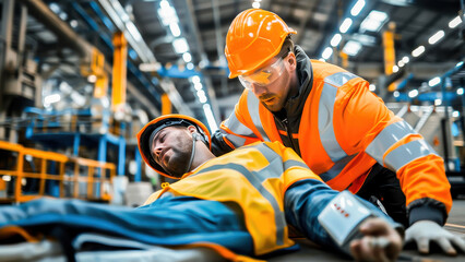 Two construction workers in safety gear handle a workplace emergency on an industrial site. One worker assists the injured colleague lying on the ground.