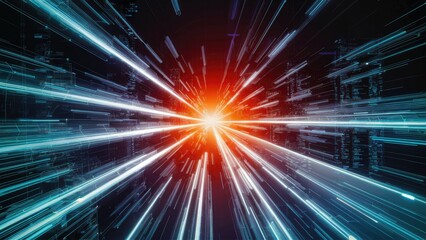 Dynamic light trails representing rapid data transfer, illustrating concepts of global data processing and digital interfaces in a visually captivating manner.