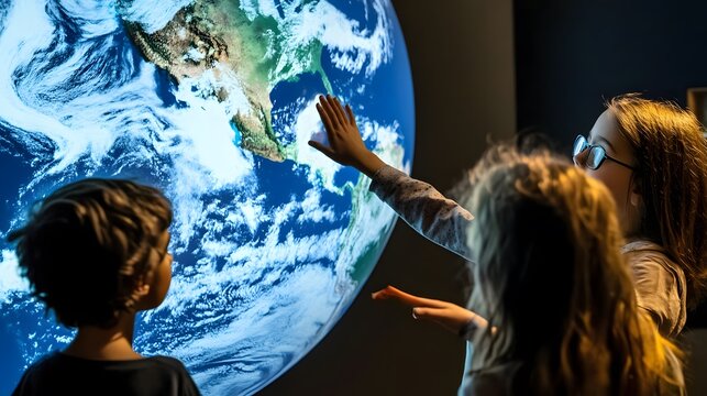 Three children stand in awe of a large globe displaying a detailed map of the Earth.