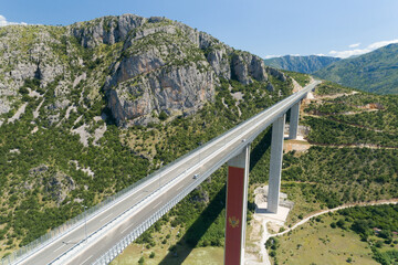 Aerial view of new concrete bridge over the Moraca river canyon in Montenegro