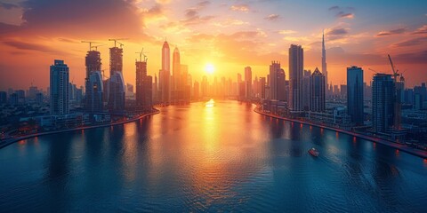 Obraz premium Cityscape of Dubai Skyline at Sunrise