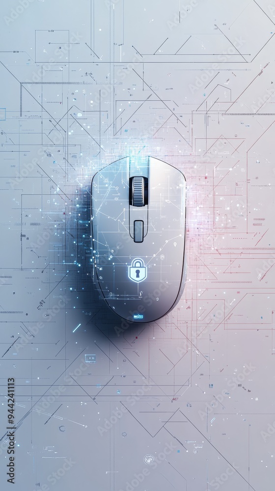 Poster High-tech computer mouse with a lock icon on a futuristic circuit board, symbolizing cybersecurity and secure data access. Concept of digital protection.