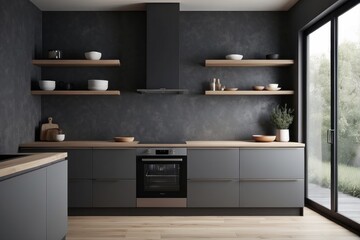 Modern Minimalist Kitchen with Grey Cabinets and Wooden Accents