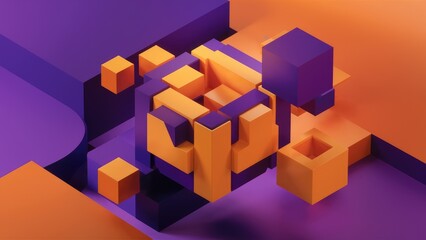 Obraz premium Elegant Modern 3D Rendering of Abstract Orange and Purple Cube Design Elements - High-Quality Illustration