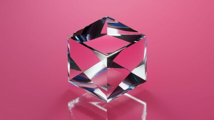  Elegant Modern 3D Rendering of Crystal Cube Geometry with Refraction and Reflection on Pink Background - High Quality Abstract Illustration