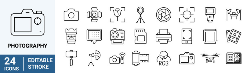 Photography line web icons. Camera, lens, tripod, studio backdrop roll, lights stand. Editable stroke