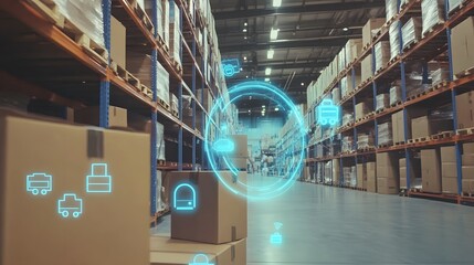 A warehouse with rows of boxes and a glowing blue circle in the center, signifying digital automation.