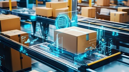 A box moves along a conveyor belt, with a digital overlay showing its progress.