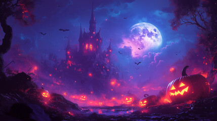 Haunted Halloween Night with Glowing Jack-O'-Lanterns