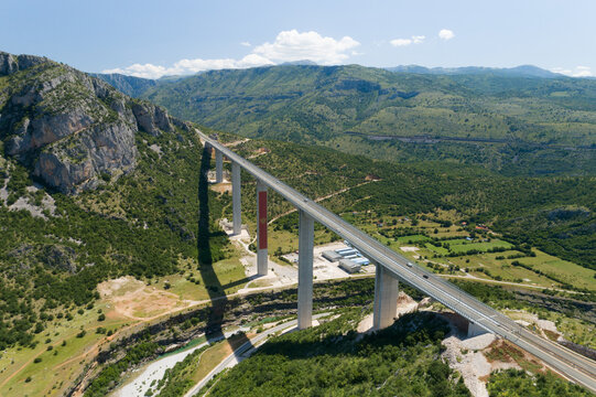 Aerial view of new concrete bridge over the Moraca river canyon in Montenegro