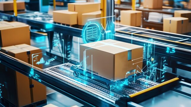 A box moves along a conveyor belt, with a digital overlay showing its progress.