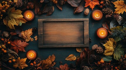 thanksgiving home decor, this thanksgiving banner blends earthy tones and natural textures with a rustic wooden sign, autumn foliage, and candles for a charming aesthetic