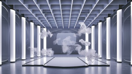 Empty stage with directional white lighting on a transparent background, featuring floating smoke for product demonstrations.