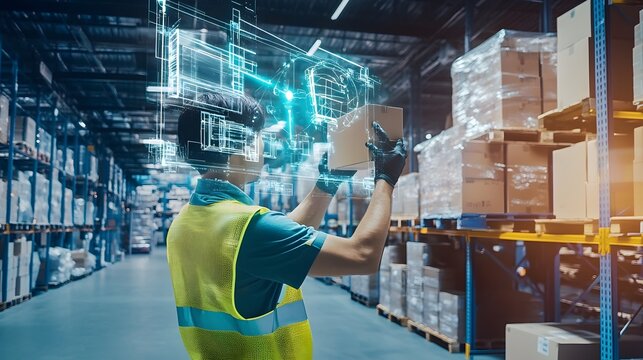 Warehouse worker using augmented reality to scan a box. - Powered by Adobe