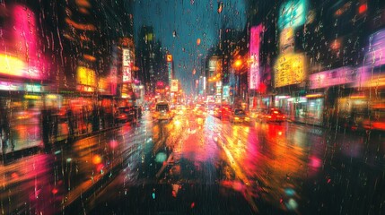 Raindrops dance across the windscreen, blurring the city lights into a kaleidoscope of colors. 