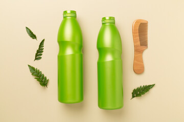 Professional herbal hair care products on color background, top view