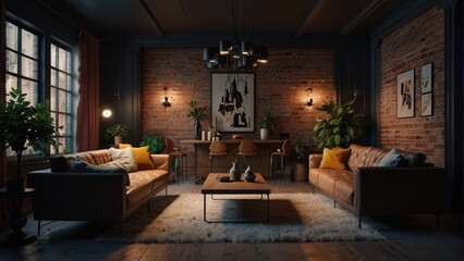 Living room in minimalist style of raw brick in the center of a big city