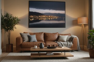 A living room with a brown couch, a coffee table, a lamp, and a potted plant