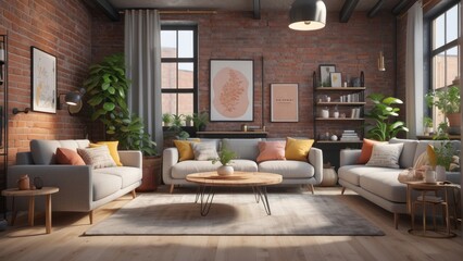 Fototapeta premium Living room in minimalist style of raw brick in the center of a big city