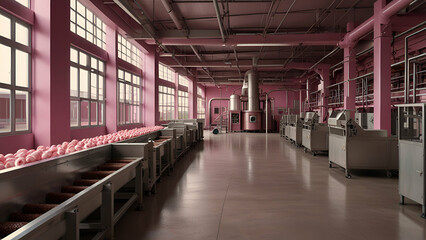 Fototapeta premium Pink Chocolate Factory Interior. Sweet Candy Production with Conveyor Machines and Dessert Industry Equipment