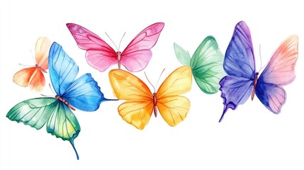 Watercolor illustration of colorful butterflies on a white background