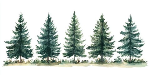 Obraz premium Watercolor illustration of green conifer trees isolated on a white background