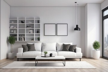 Modern living room with white sofa, shelves, and black accents