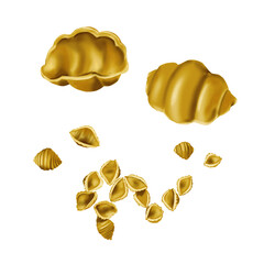 conchiglie rigate Pasta. Gnocchi Paste. Big.Many small pieces of pasta are scattered in chaos. Beige or yellow. Watercolor illustration.