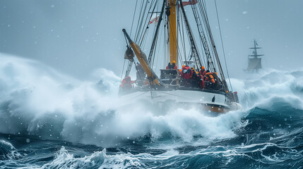 epic journey of refugee ship, sailing in harsh sea ocean