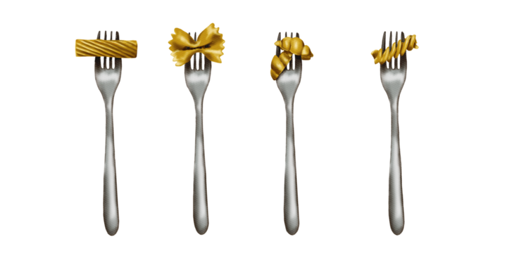Pasta on a fork. The fork is depicted in full, gray. paste is yellow or beige. It is put on a fork. In monochrome style. watercolor illustration.