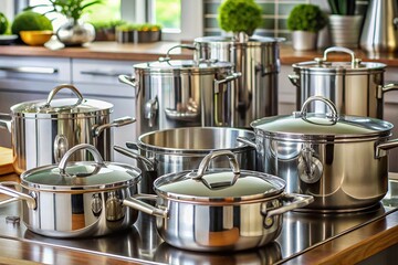 Shiny stainless steel cookware sets, including saucepans, Dutch ovens, and lids, arranged neatly on a clean kitchen counter, ready for cooking and culinary creativity.