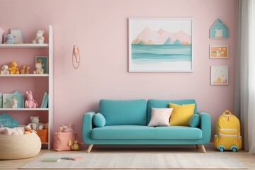 Blue Sofa in a Pink Room with Childish Decor
