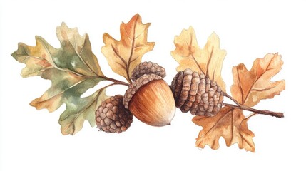 Watercolor illustration of oak and acorn for autumn suitable for Thanksgiving harvest celebrations postcards menus and recipes