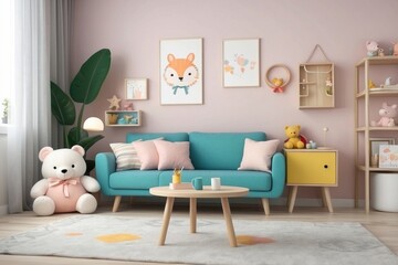 Playful Living Room with Teal Sofa, Wooden Furniture, and Stuffed Animals