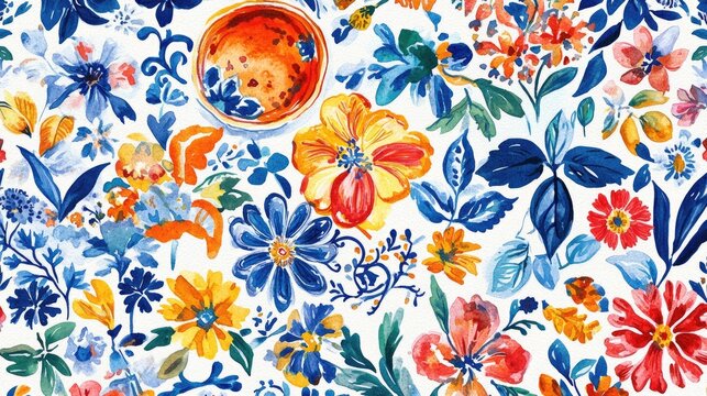 Watercolor illustration of decorative tiles featuring floral and leaf embroidery This artwork showcases Mediterranean style pottery ceramic dishes and folk patterns reminiscent of traditional Talav