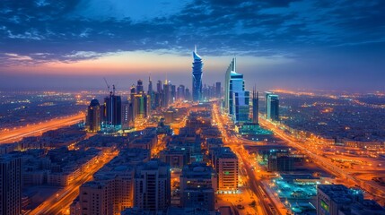 Fototapeta premium Riyadh, Saudi Arabia's capital, boasts a captivating skyline illuminated by the iconic Kingdom Center, Kingdom Tower, and Riyadh Tower, creating a breathtaking cityscape at night. 