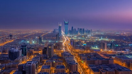 Obraz premium Riyadh, Saudi Arabia's capital, boasts a captivating skyline illuminated by the iconic Kingdom Center, Kingdom Tower, and Riyadh Tower, creating a breathtaking cityscape at night. 