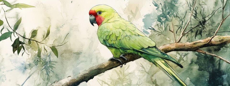 Watercolor illustration of a Ring necked parakeet also known as the Rose ringed parakeet in a natural woodland setting