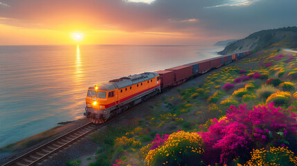 Train on Coastal Cliffs at Sunset -  Realistic Illustration