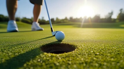 Golfer putting golf ball to the hole on green golf