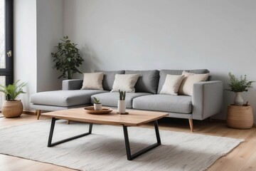 Modern Living Room with Gray Sectional Sofa and Wooden Coffee Table