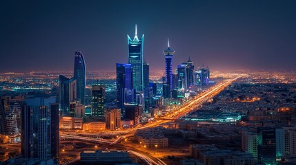 Riyadh, Saudi Arabia's capital, boasts a captivating skyline illuminated by the iconic Kingdom Center, Kingdom Tower, and Riyadh Tower, creating a breathtaking cityscape at night. 