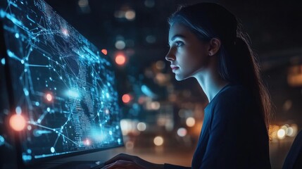 Digital technology, internet network connection, big data, digital marketing IoT internet of things. Woman using modern computer surfing internet futuristic metaverse, innovative technology background