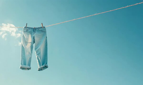 Light-washed jeans pinned to a clothesline against a clear blue sky