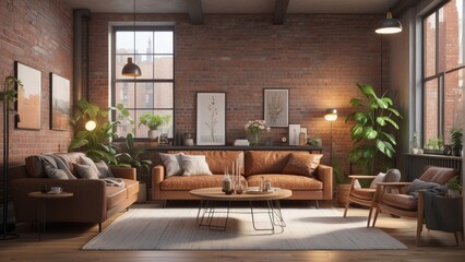 Living room in minimalist style of raw brick in the center of a big city