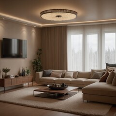 A living room with a large white couch and a coffee table. The room has a warm and inviting atmosphere, with a large chandelier hanging from the ceiling