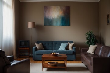 A living room with a couch, coffee table, and two chairs