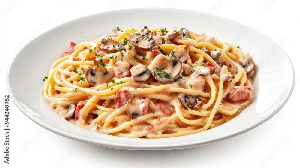 Wall mural Detailed 3D image of spaghetti carbonara with mushrooms, highlighting the smooth sauce and fresh ingredients, set against a minimalist white background, no people.