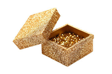 A decorative golden glitter gift box with its lid open, showcasing sparkling embellishments inside, perfect for celebrations and surprises. Transparent background PNG