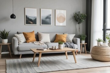 Modern Living Room with Grey Sofa and Wooden Coffee Table